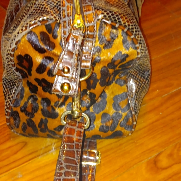CYNTHIA ROWLEY BROWN SNAKE / LEOPARD PONY SKIN SATCHEL LARGE - Picture 2 of 12